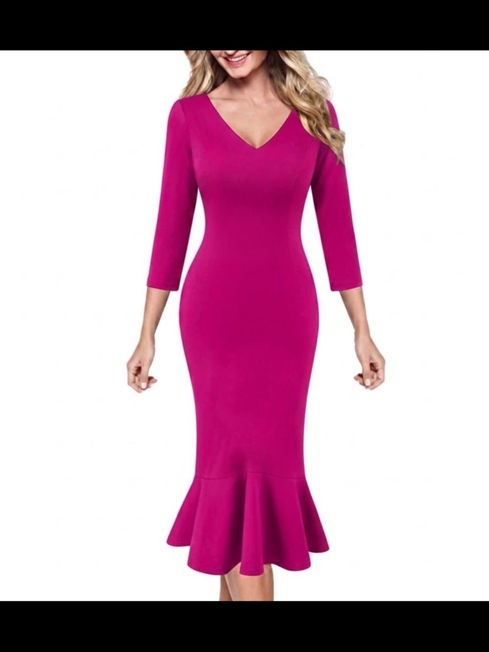 Lady V London Fuschia Fitted V-Neck Pink Mermaid Hem Dress